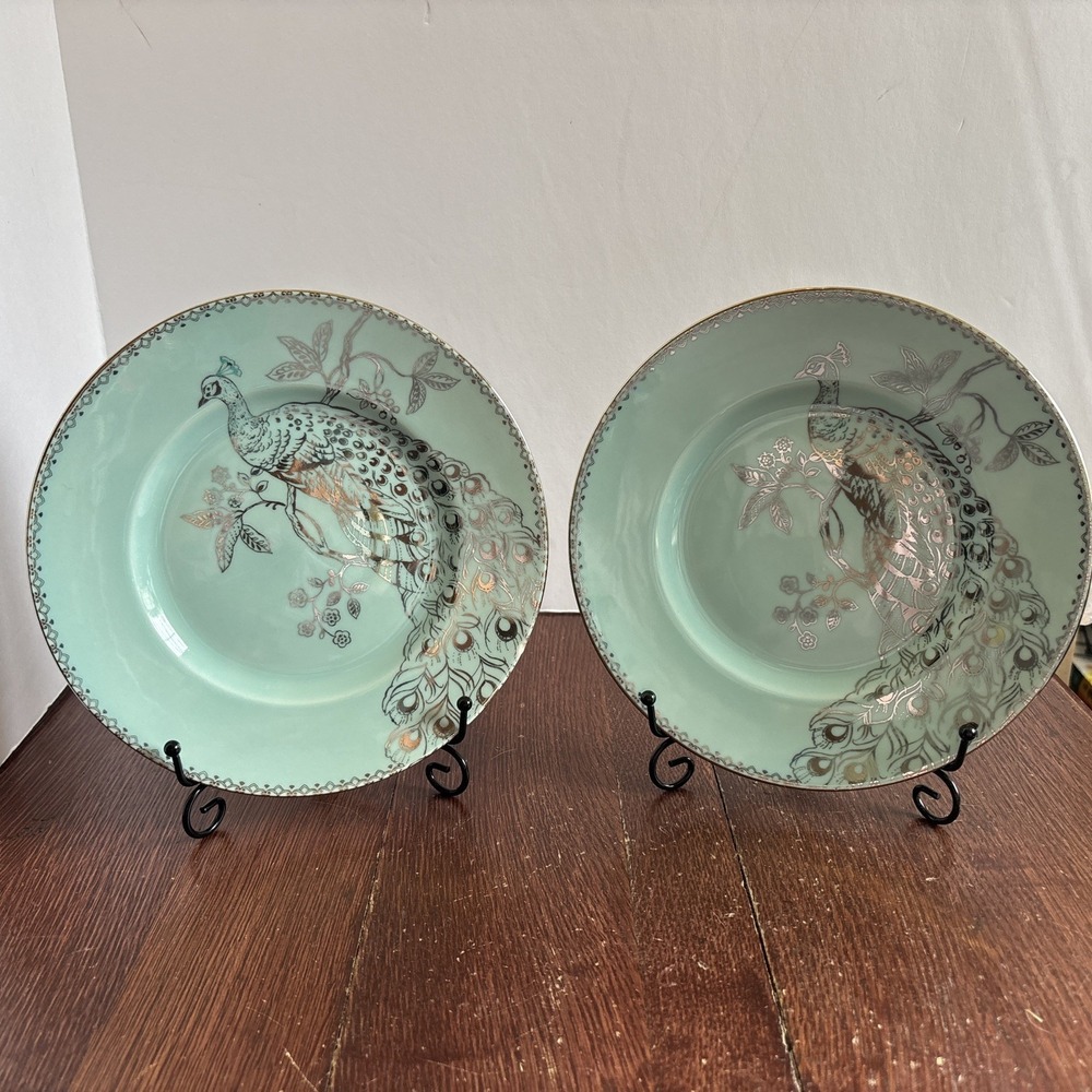 Set Of 2 222 Fifth Peacock Garden Salad Plates 8.5" Turquoise/Gold Rare Find